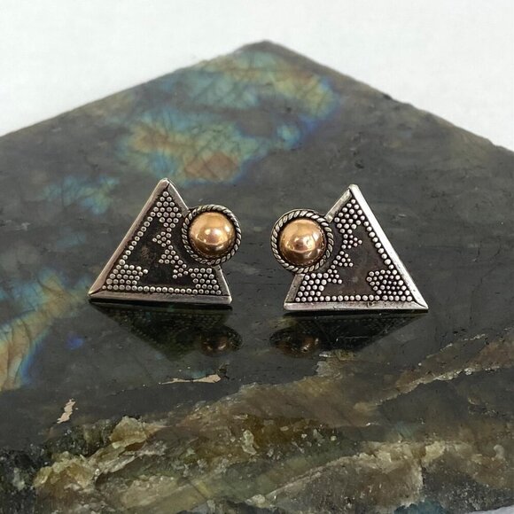 Sterling Silver 925 Gold Vermeil Bali Style Mixed Metal Triangle Stud Earrings - Picture 3 of 16